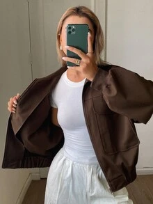 Livesso Autumn Winter Loose Fit Solid Color Workwear Casual Style Women's Aviator Jacket - Coffee Brown - View 5