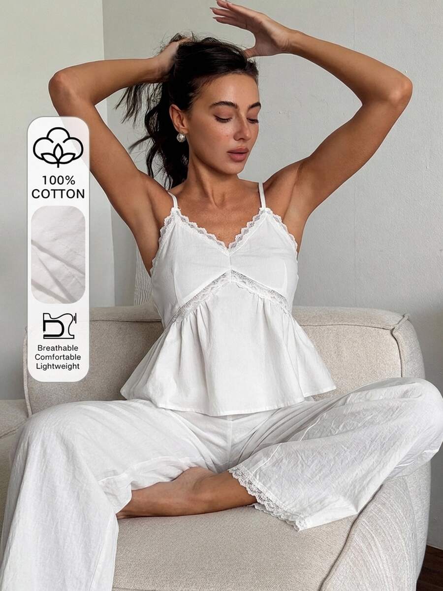DAZY 女款蕾絲飾邊細肩帶上衣與長褲休閒居家睡衣套裝 - 白色 - 查看 1