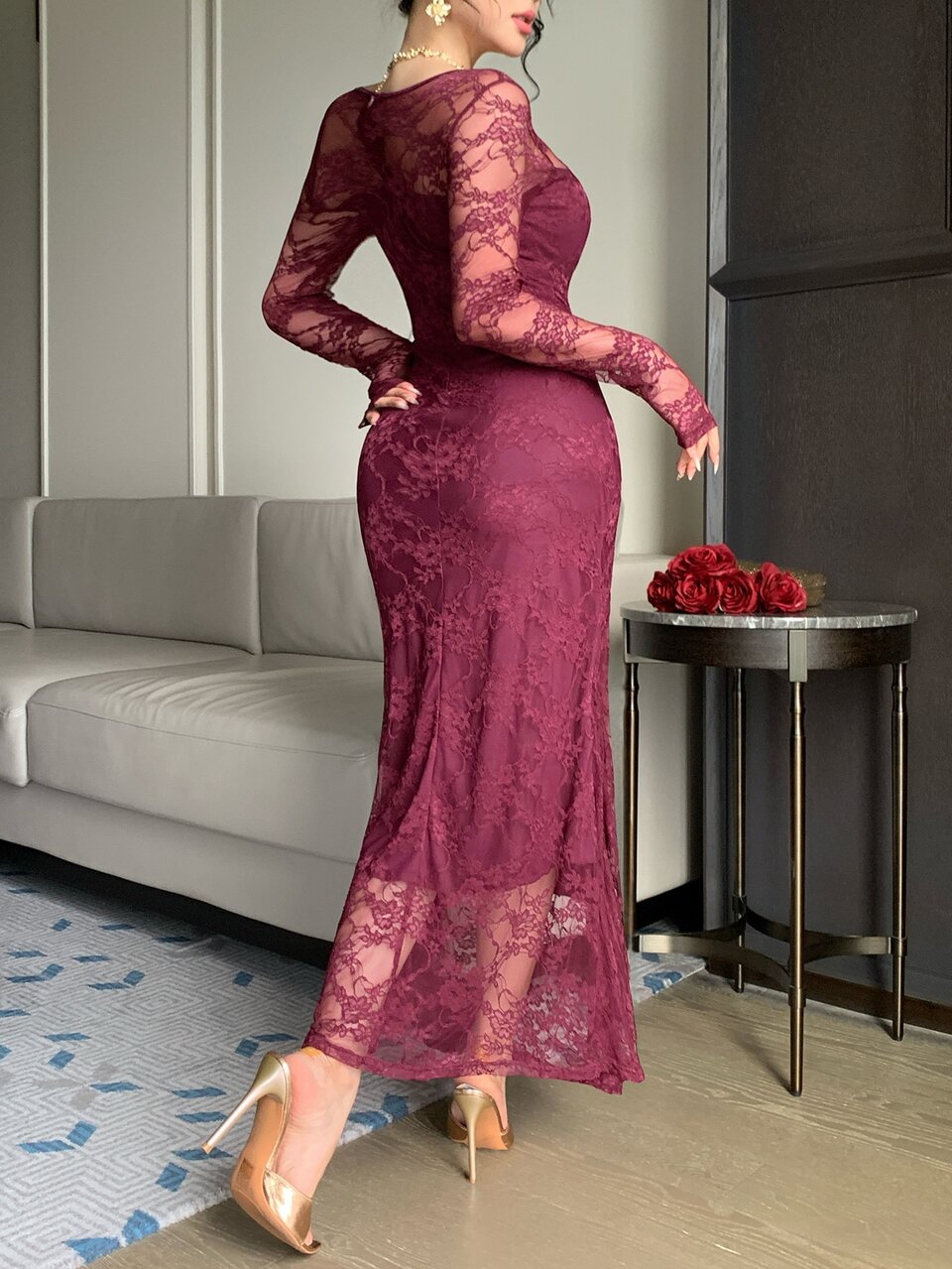 Autumn/Winter Round Neck Sheer Lace Long Sleeve Slim Fit Elegant Style Women's Burgundy Long Dress