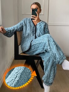 DAZY 冬季紋理毛絨布料對比色蕾絲拼接寬鬆女款睡衣套裝 - 藍色 - 查看 5