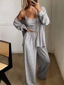 DAZY 3-Piece Elegant Lace Patchwork Women's Pajama Set For Autumn And Winter - Grey - View 5