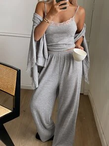 DAZY 3-Piece Elegant Lace Patchwork Women's Pajama Set For Autumn And Winter - Grey - View 4