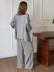 DAZY 3-Piece Elegant Lace Patchwork Women's Pajama Set For Autumn And Winter - Grey - View 2