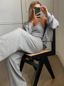 DAZY 3-Piece Elegant Lace Patchwork Women's Pajama Set For Autumn And Winter - Grey - View 3