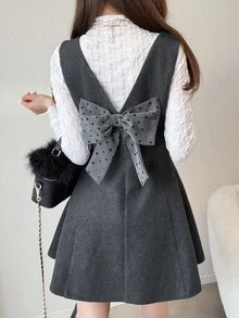 FRIFUL 女款蝴蝶結裝飾休閒可愛優雅日常生日校園迷你洋裝 深灰色 夏季 - 深灰色 - 查看 7