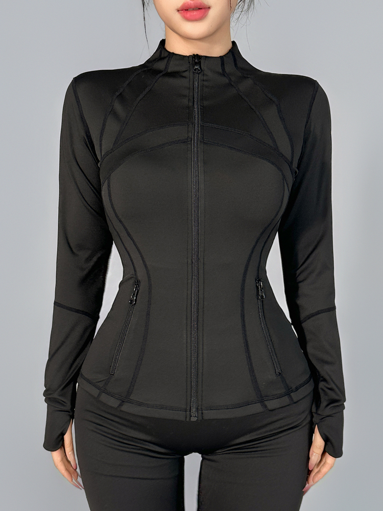 DAZY Women's Autumn Stand Collar Long Sleeve Black Slim Fit Cinched Waist Finger-Hole Cuffs Pocket Sports Fitness Casual Commute Korean Style Sports Jacket - Black - View 4