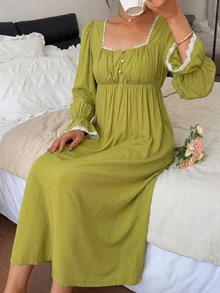 DAZY Women's Contrast Color Button Design Pleated Long Sleeve Nightgown Fall - Olive Green - View 1