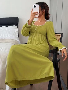 DAZY Women's Contrast Color Button Design Pleated Long Sleeve Nightgown Fall - Olive Green - View 6