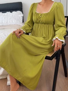 DAZY Women's Contrast Color Button Design Pleated Long Sleeve Nightgown Fall - Olive Green - View 5