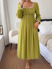 DAZY Women's Contrast Color Button Design Pleated Long Sleeve Nightgown Fall - Olive Green - View 3