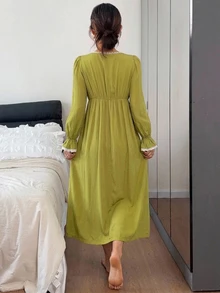 DAZY Women's Contrast Color Button Design Pleated Long Sleeve Nightgown Fall - Olive Green - View 2