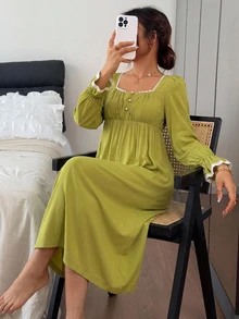 DAZY Women's Contrast Color Button Design Pleated Long Sleeve Nightgown Fall - Olive Green - View 4