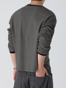 DAZY Spring/Autumn Dark Grey Long Sleeve T-Shirt With Cuffed Cuffs And Rivet Decoration On Chest For Men - Dark Grey - View 2