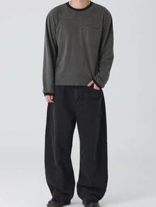 DAZY Spring/Autumn Dark Grey Long Sleeve T-Shirt With Cuffed Cuffs And Rivet Decoration On Chest For Men - Dark Grey - View 3