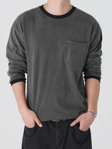 DAZY Spring/Autumn Dark Grey Long Sleeve T-Shirt With Cuffed Cuffs And Rivet Decoration On Chest For Men - Dark Grey - View 4