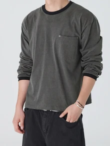 DAZY Spring/Autumn Dark Grey Long Sleeve T-Shirt With Cuffed Cuffs And Rivet Decoration On Chest For Men - Dark Grey - View 1