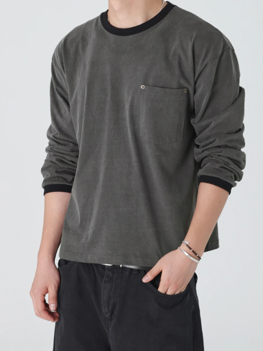 DAZY Spring/Autumn Dark Grey Long Sleeve T-Shirt With Cuffed Cuffs And Rivet Decoration On Chest For Men - Dark Grey - View 1