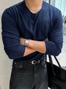 DAZY Spring/Autumn Elastic Ribbed Knit Fabric Navy Blue Cuff Hem Collar Design Men's T-Shirt - Navy Blue - View 7