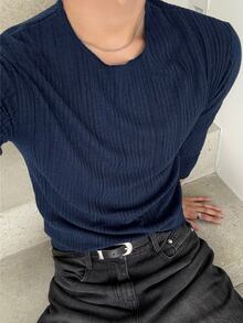 DAZY Spring/Autumn Elastic Ribbed Knit Fabric Navy Blue Cuff Hem Collar Design Men's T-Shirt - Navy Blue - View 2