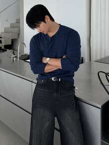 DAZY Spring/Autumn Elastic Ribbed Knit Fabric Navy Blue Cuff Hem Collar Design Men's T-Shirt - Navy Blue - View 3