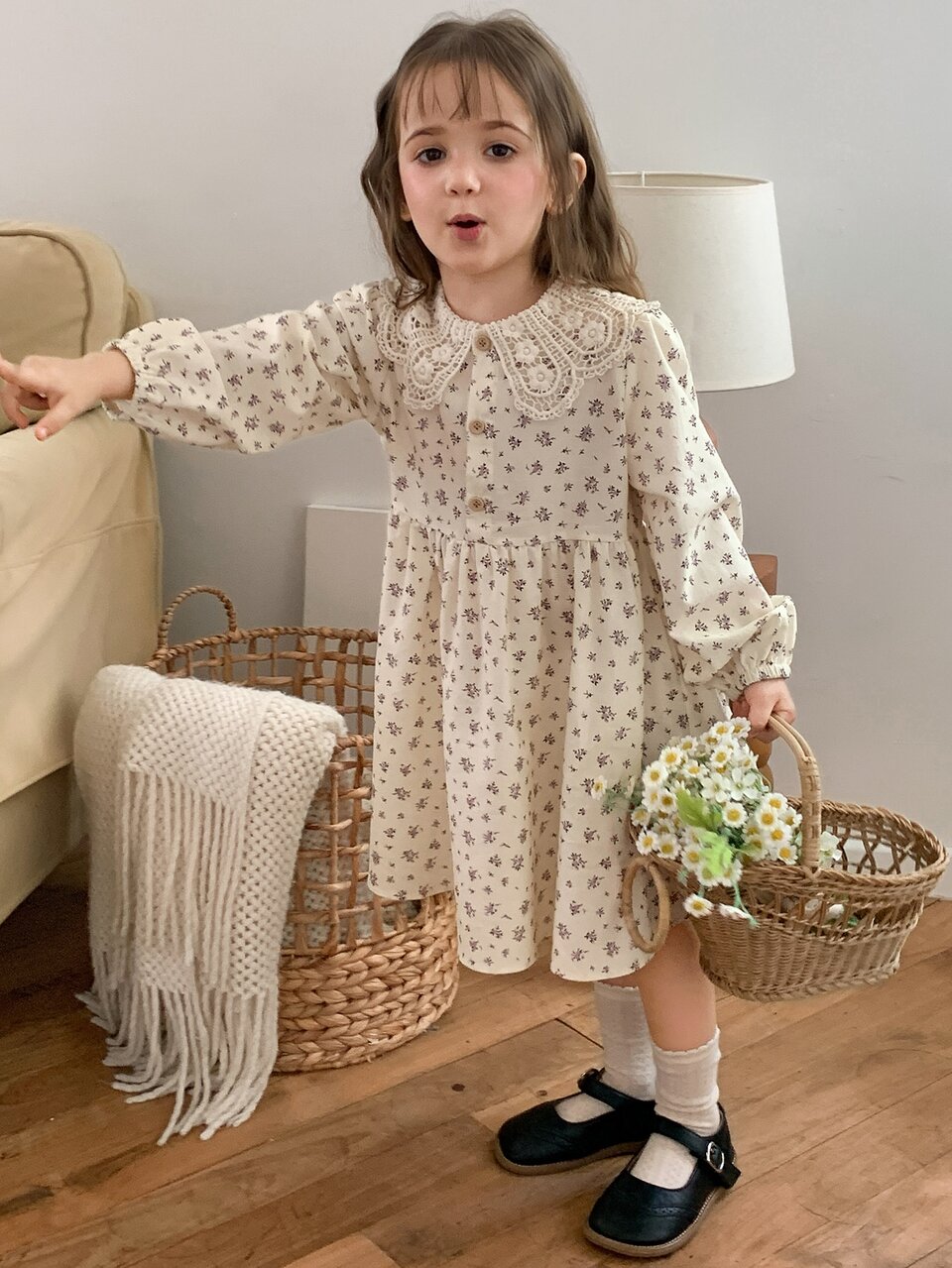 Peter Pan Collar Floral Cute A-Line Princess Dress For Young Girls Fall