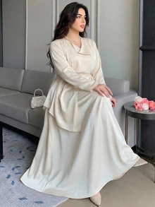 Dazy Plus Satin Cowl Neck Wrap Cinched Waist Top And Camisole Maxi Dress Elegant 2 Pieces Set Fall - Apricot - View 5