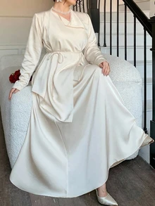 Dazy Plus Satin Cowl Neck Wrap Cinched Waist Top And Camisole Maxi Dress Elegant 2 Pieces Set Fall - Apricot - View 4