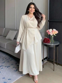 Dazy Plus Satin Cowl Neck Wrap Cinched Waist Top And Camisole Maxi Dress Elegant 2 Pieces Set Fall - Apricot - View 7