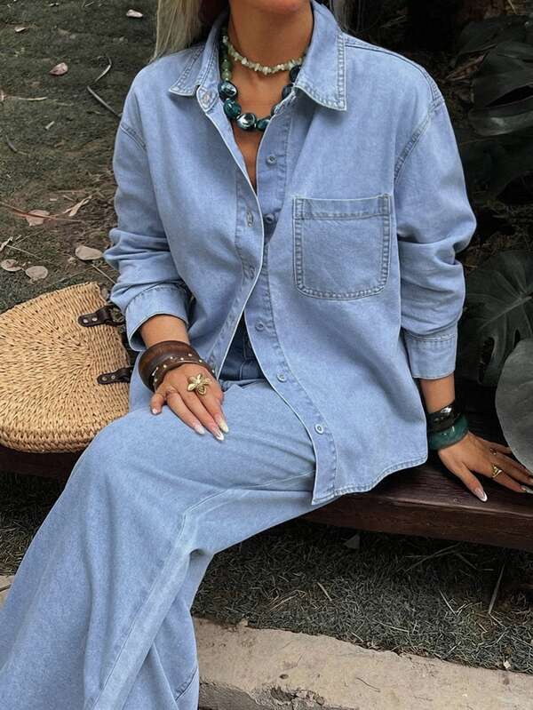 Dazy Plus Spring Summer Autumn New Loose Casual Long Sleeve Shirt & Long Straight Leg Pants Daily Outfit Pocket Denim Set