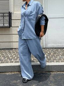 Dazy Plus Spring Summer Autumn New Loose Casual Long Sleeve Shirt & Long Straight Leg Pants Daily Outfit Pocket Denim Set - Light Wash - View 3