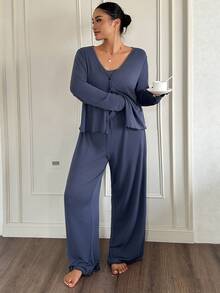 Dazy Plus Solid Color Casual Camisole Cardigan & Pants 3-Piece Set, Spring/Autumn Loungewear - Navy Blue - View 5