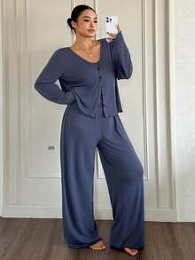 Dazy Plus Solid Color Casual Camisole Cardigan & Pants 3-Piece Set, Spring/Autumn Loungewear - Navy Blue - View 1