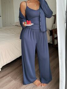 Dazy Plus Solid Color Casual Camisole Cardigan & Pants 3-Piece Set, Spring/Autumn Loungewear - Navy Blue - View 7