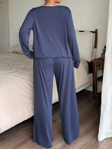Dazy Plus Solid Color Casual Camisole Cardigan & Pants 3-Piece Set, Spring/Autumn Loungewear - Navy Blue - View 2