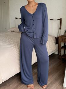 Dazy Plus Solid Color Casual Camisole Cardigan & Pants 3-Piece Set, Spring/Autumn Loungewear - Navy Blue - View 8