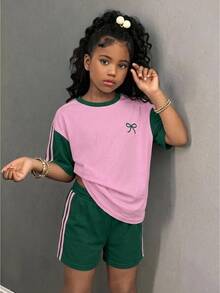 Tween Girl Casual Daily Colorblock Patchwork Pink & Green Printed T-Shirt And Shorts Set - Multicolor - View 7