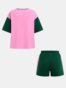 Tween Girl Casual Daily Colorblock Patchwork Pink & Green Printed T-Shirt And Shorts Set - Multicolor - View 2