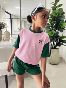 Tween Girl Casual Daily Colorblock Patchwork Pink & Green Printed T-Shirt And Shorts Set - Multicolor - View 1
