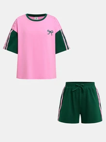 Tween Girl Casual Daily Colorblock Patchwork Pink & Green Printed T-Shirt And Shorts Set - Multicolor - View 3