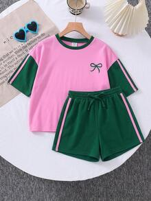 Tween Girl Casual Daily Colorblock Patchwork Pink & Green Printed T-Shirt And Shorts Set - Multicolor - View 6
