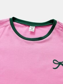 Tween Girl Casual Daily Colorblock Patchwork Pink & Green Printed T-Shirt And Shorts Set - Multicolor - View 4