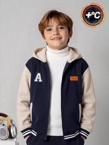 SHEIN Kids Tween Boy Tween Boy Casual Versatile Patchwork Contrast Color Thick Hooded Jacket, Suitable For School, Garden, Birthday, Fall, Winter, Halloween - Multicolor - View 2