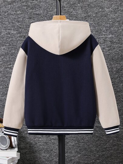 SHEIN Kids Tween Boy Tween Boy Casual Versatile Patchwork Contrast Color Thick Hooded Jacket, Suitable For School, Garden, Birthday, Fall, Winter, Halloween