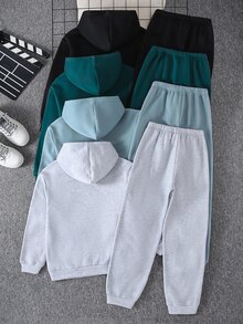SHEIN 8件組青少年男孩休閒日常百搭舒適印花圖案連帽套頭鬆款衛衣與束口鬆款運動長褲針織兩件套，保暖內裡加厚衛衣套裝 - 彩色 - 查看 2