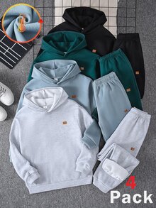 SHEIN 8件組青少年男孩休閒日常百搭舒適印花圖案連帽套頭鬆款衛衣與束口鬆款運動長褲針織兩件套，保暖內裡加厚衛衣套裝 - 彩色 - 查看 1