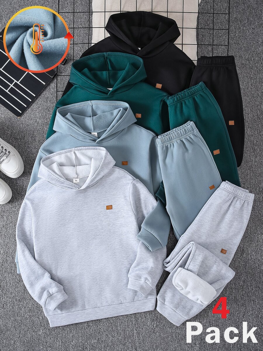 SHEIN 8件組青少年男孩休閒日常百搭舒適印花圖案連帽套頭鬆款衛衣與束口鬆款運動長褲針織兩件套,保暖內裡加厚衛衣套裝 - 彩色 - 查看 1