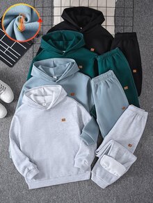 SHEIN 8件組青少年男孩休閒日常百搭舒適印花圖案連帽套頭鬆款衛衣與束口鬆款運動長褲針織兩件套，保暖內裡加厚衛衣套裝 - 彩色 - 查看 3