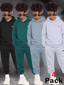 SHEIN 8件組青少年男孩休閒日常百搭舒適印花圖案連帽套頭鬆款衛衣與束口鬆款運動長褲針織兩件套，保暖內裡加厚衛衣套裝 - 彩色 - 查看 4