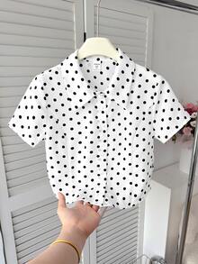 SHEIN 青少年女孩休閒 80 年代可愛優雅白色黑波點短袖上衣，適合返校季與夏季 - 黑與白 - 查看 2