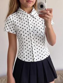 SHEIN 青少年女孩休閒 80 年代可愛優雅白色黑波點短袖上衣，適合返校季與夏季 - 黑與白 - 查看 1